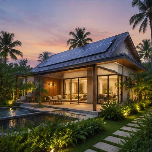 Illustration of a contemporary tropical home at dusk